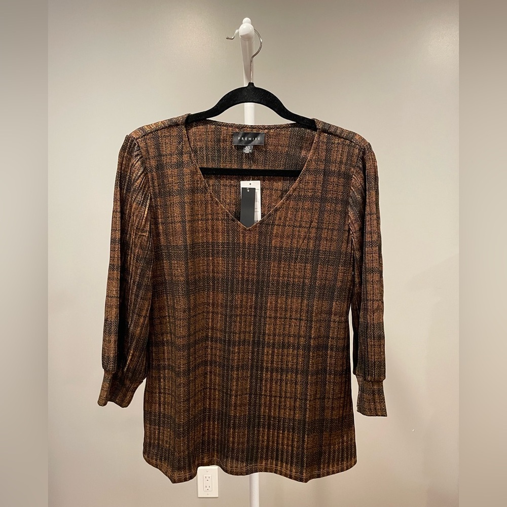 Premise Brown Plaid 3/4 Sleeve Top Women’s Medium